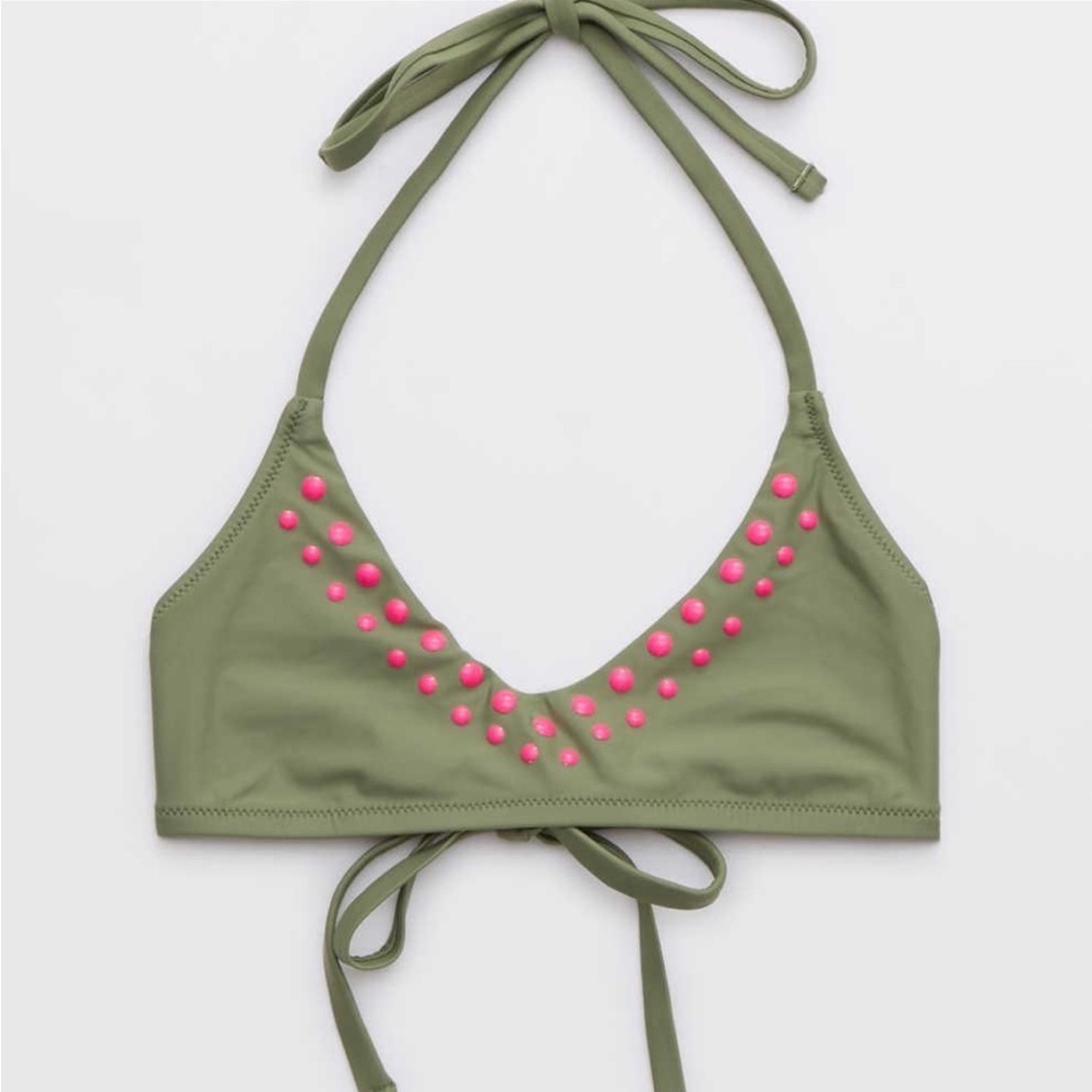 Aerie Halter Voop Bikini Top Olive Green Pink Studs NWT